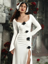 Irregular Side Split Ruched 3d Flower Full Sleeve Dress