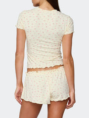 Floral Print Ruffles Hem Crop Top And Shorts Pyjama Set
