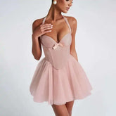 Pink Halter Tie Up Tulle Mini Dress