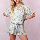 Bunny Carrot Print Button Up Tops And Drawstring Shorts Pajamas Set