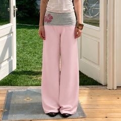 Pink Low Waisted Floral Embellished Straight Leg Pants