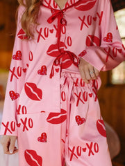 Long Sleeve Heart Lip Print Shirt and Pants Sleepwear Set