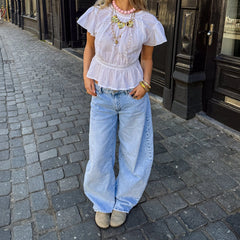 White Eyelet Short Cap Sleeve Round Neck Blouse