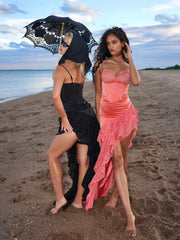 Corset Irregular Ruffle Hem Spaghetti Straps Satin Midi Dress