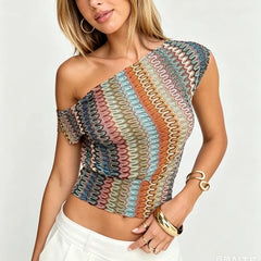 Off One Shoulder Striped Sheer Cinched Waist Top