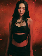 Faux Leather Halter Square Collar Patchwork Top