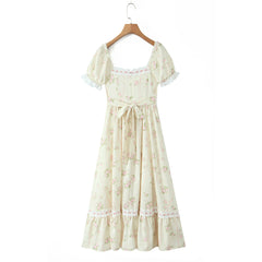 Floral Puff Sleeve Lace Trim Ruffle Hem Maxi Dress