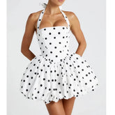Polka Dot Halter Puff Mini Dress