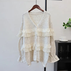 Pearl Button Ruffle Trim Cardigan