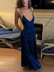 Blue Velvet Ruffles Backless Long Dress