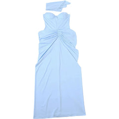 Pleated Waist Strapless Corset Maxi Dress With Scarf