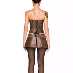 Brow Pu Printed Patchwork Corset And Mini Skirt Set