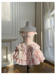 Pink Lace Up Strapless Bow Pearl Desgin Tiered Mini Dress