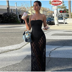Black Lace Sheer Patchwork Tube Bodysuit Maxi Dress