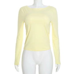 Solid Hollow Out Backless Long Sleeve T-Shirt