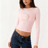 Long Sleeve 3D Flower Round Neck Top