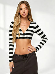 Striped Deep V-Neck Long Sleeve Crop Top