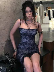 Lace Jacquard Irregular Hem Mesh Midi Dress