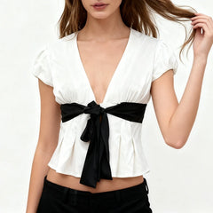 Deep V Neck White Front Bowknot Crop Top