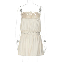 Elastic Strapless Puff Belted Mini Dress