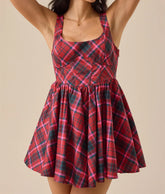 Red Plaid Back Bow Mini Dress