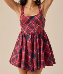 Red Plaid Back Bow Mini Dress