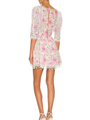Pink Floral Quarter Sleeve Mini Dress