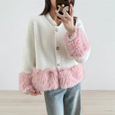 Pink O-Neck Patchwork Plush Knitted Cardigan
