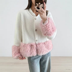 Pink O-Neck Patchwork Plush Knitted Cardigan