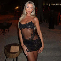 Black Spaghetti Strap Lace Patchwork Mini Dress