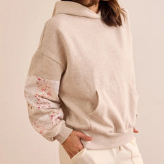 Floral Embroidered Patchwork Sleeve Hoodie Sweatshirt