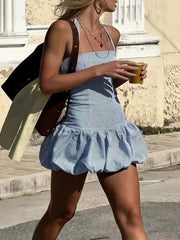 Stripe Halter Smocked Puff Hem Mini Dress