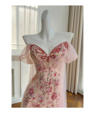 Pink Floral Off-the-Shoulder Mesh Drape Midi Dress