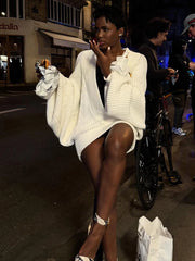 White Knit Deep V-Neck Mini Long Sleeve Dress