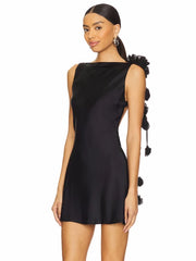 Satin Open Back Strap Flower Draped Mini Dress