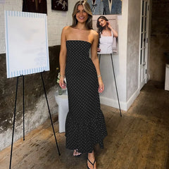 Polka Dot Strapless Tiered Hem Midi Dress