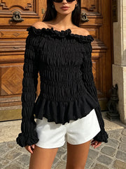 Black Smocked Slash Neck Long Sleeve Top