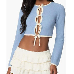Blue Knit Tie Up Crop Top