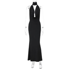 Halter Hollow Out Backless Satin Maxi Dress