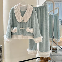 Fur Fleeve Long Sleeve Pocket Shirt And Pants Pajama Set