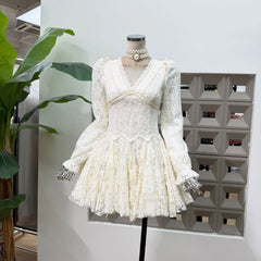 White V-Neck Lace Long Sleeve Flare Mini Dress