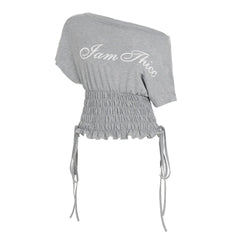 Ruched Drawstring Letter Print Grey Graphic Tee