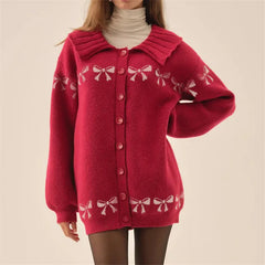 Bow Print Collar Button Up Cardigan