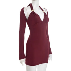 Deep V-Neck Halter Bodycon Mini Dress