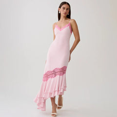 Lace Trim Ruffle Mermaid Hem Cami Midi Dress