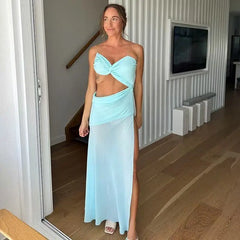 Mesh Spaghetti Strap Cut Out Slit Long Dress