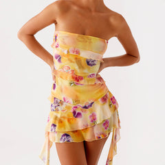 Tube Floral Ruched Short Dress