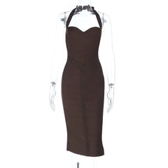 Brown Halter Knit Bodycon Midi Dress