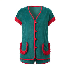 Button‑Down Short Sleeve Tassel Fringe Pocket Top And Shorts Loungewear Set