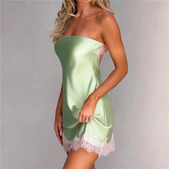 Green Satin Strapless Lace Hem Mini Dress